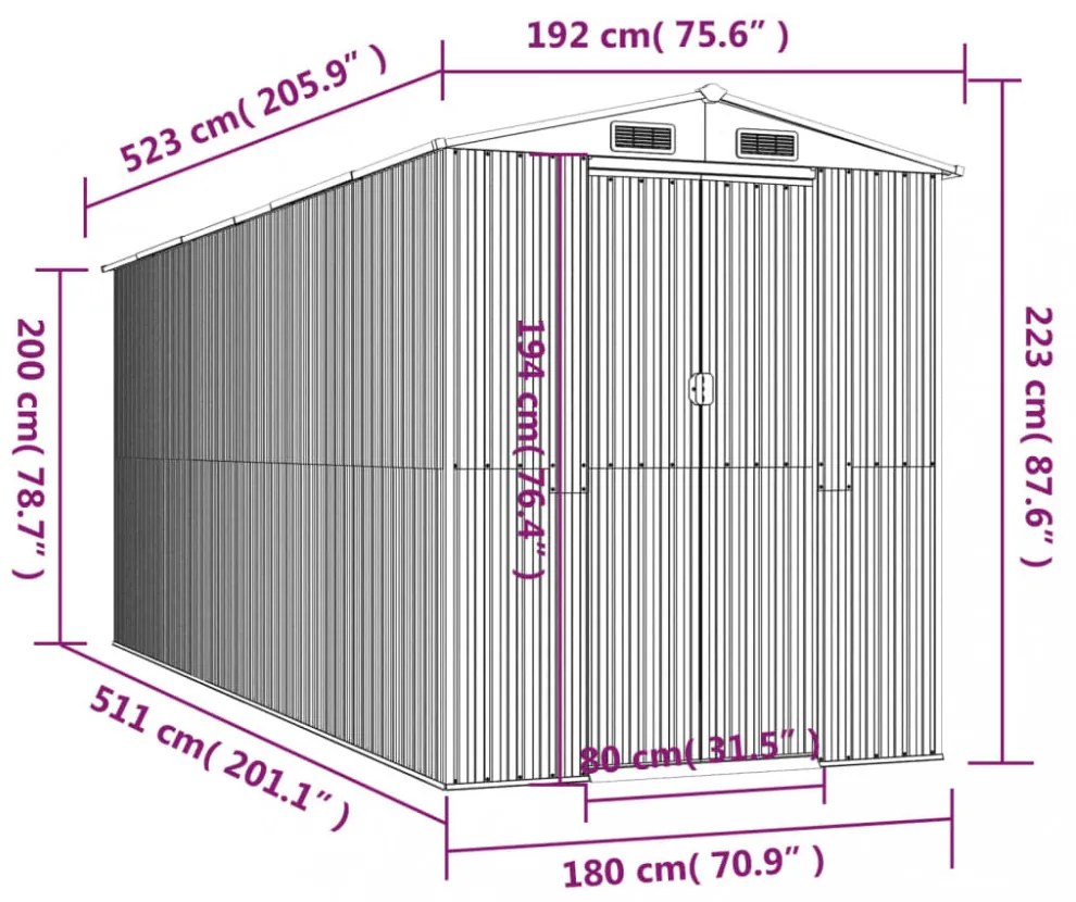 sötétbarna horganyzott acél kerti fészer 192 x 523 x 223 cm