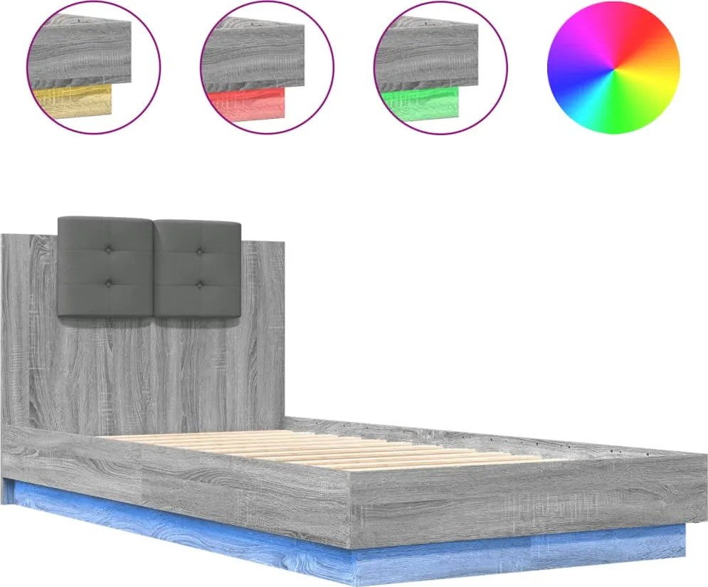 vidaXL szürke sonoma színű ágykeret fejtámlával és LED-ekkel 75x190 cm