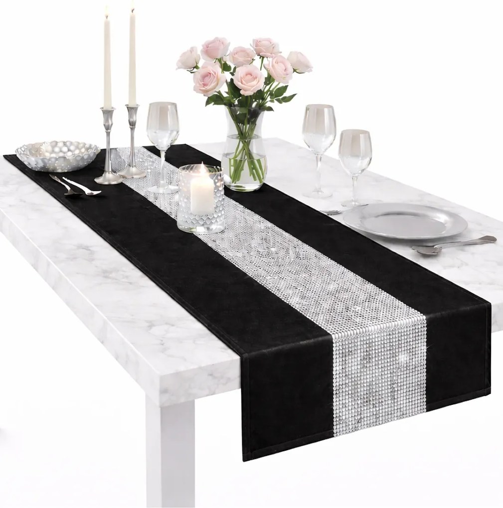 Asztalterítő Cirkóniákkal 180x40 Abrosz Dekoratív Sima Matt Fekete