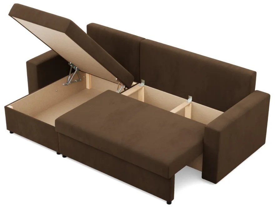 Zeus sarokkanapé, 2 ágyneműtartóval, egyenes kartámasz, szövet anyag, univerzális oldal, bonell töltet, barna