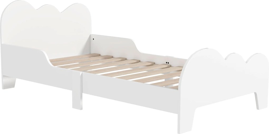 AIYAPLAY Gyermekágy Alacsony Ágy 70x140 cm Biztonsági Barikáddal, Rácsos Ágykeret és Felhő Dekorációk - Fiúk és Lányok 3-8 éves korig - Fehér | Aosom
