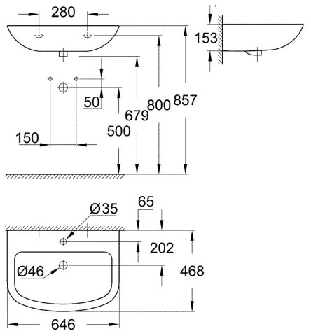 GROHE 39420000 - Falra szerelhető mosdó EURO CERAMIC 646 × 468 mm kerámia/fehér