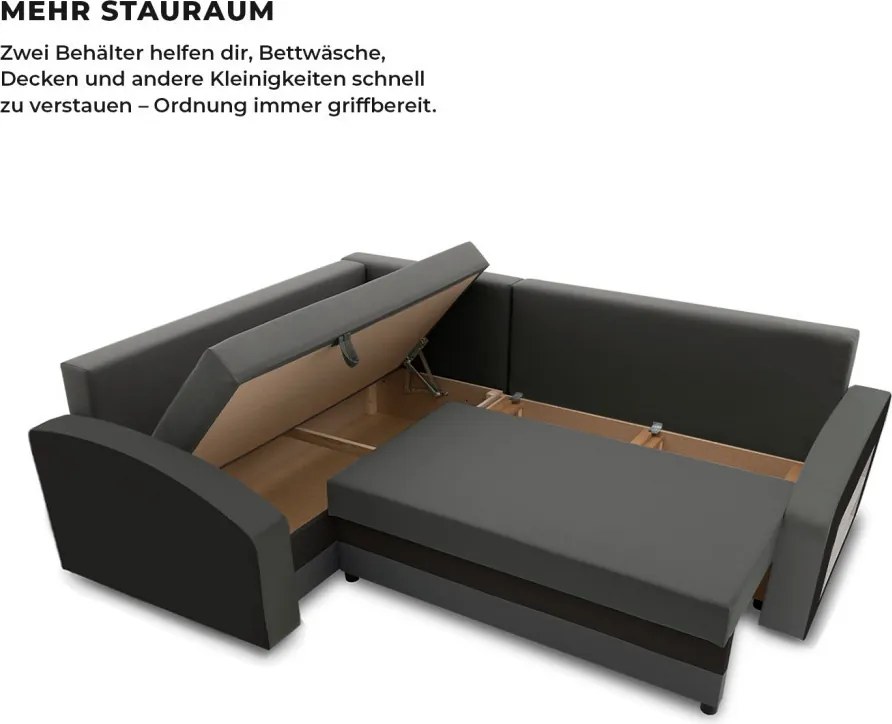 Grande sarokkanapé polcokkal , polc a jobb karfaban, baloldali, szövet anyag, bonell töltet, szürke - fekete