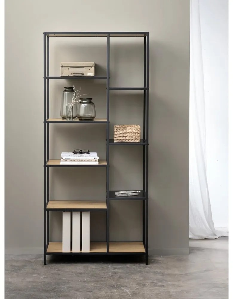 Fekete-natúr színű könyvespolc tölgyfa dekorral 80x180x35 cm Altino – Unique Furniture