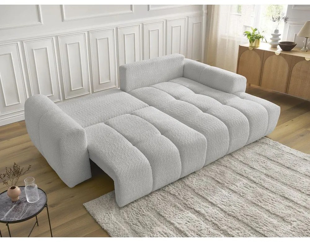 Világosszürke buklé kinyitható-tárolóhelyes sarokkanapé (jobb oldali-heverő résszel) Roxelane – Bobochic Paris