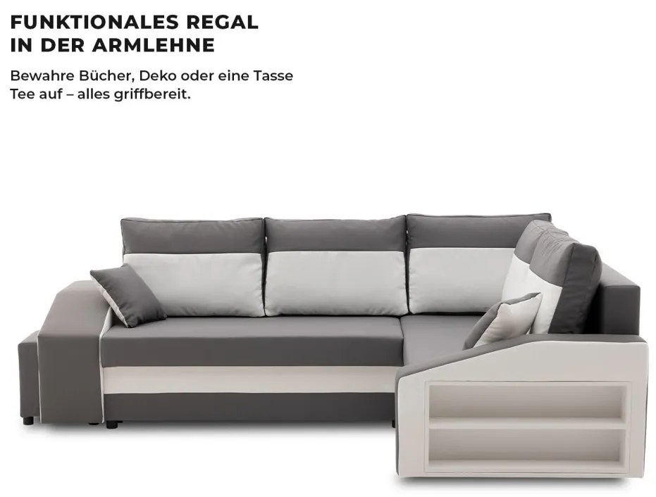 Grande sarokkanapé polcokkal és puffokkal , polc a jobb karfaban puffok a bal karfaban, jobboldali, szövet anyag, bonell töltet, szürke - fehér
