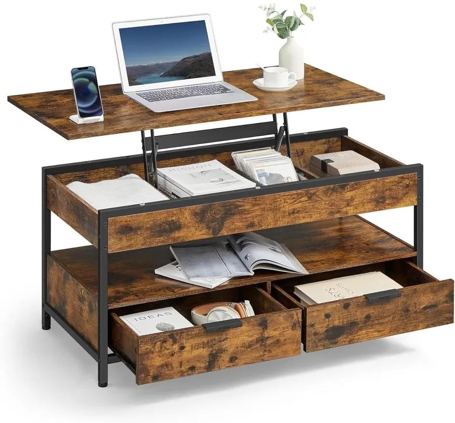 VASAGLE felnyitható fedelű dohányzóasztal rusztikus barna és tintafekete színben