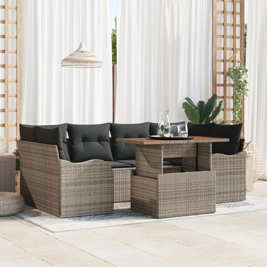 7 Részes Kerti Sofa Szett Párnákkal Szürke Poli Rattan Akácia, 2-Személyes Kerti Sofa Párnákkal Szürke Poli Rattan