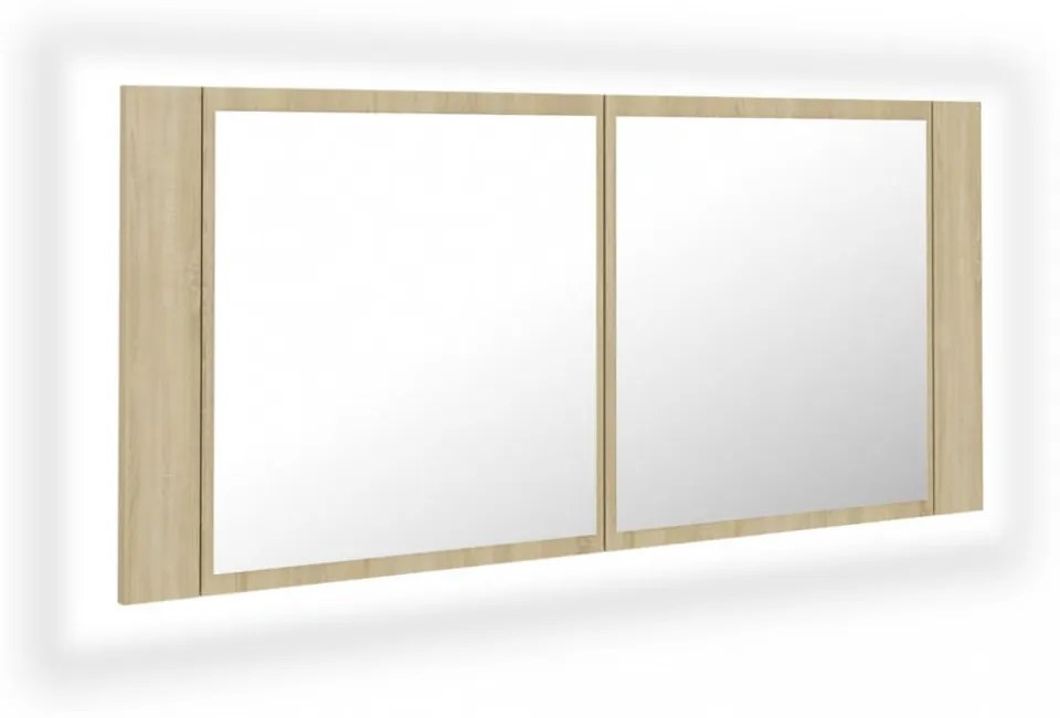 tölgyszínű akril LED-es tükrös fürdőszobaszekrény 100x12x45 cm