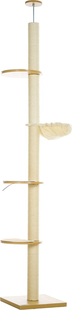 PawHut Macska Kálváriája, Mennyezetmagas Macskakaparó, 230-250 cm, Mászófa Hálóval, Állítható Magasságú Macska Kálváriája, Játszófa Dőlésszabályzó Véd