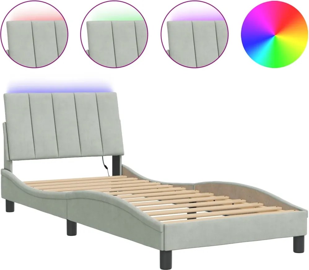 vidaXL világosszürke bársony ágykeret LED-ekkel matrac nélkül Hanko 90 x 200 cm