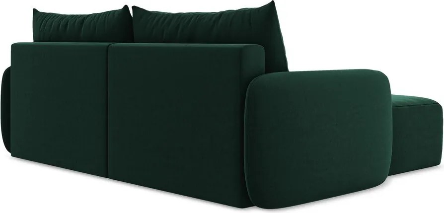 Sötétzöld bársony kinyitható-tárolóhelyes sarokkanapé (bal oldali-heverő résszel) Kalena – Makamii