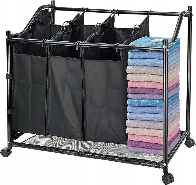 Szennyestartó kosár iratrendező kerekekkel és kivehető táskával 4x35L Fekete