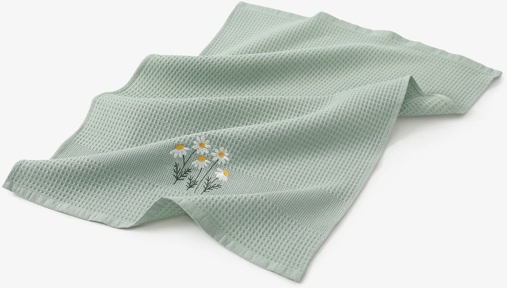 Goldea hímzett waffle konyharuha - kamilla zsálya alapon 50 x 70 cm