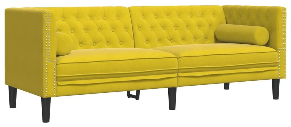 3 személyes sárga bársony Chesterfield kanapé hengerpárnákkal