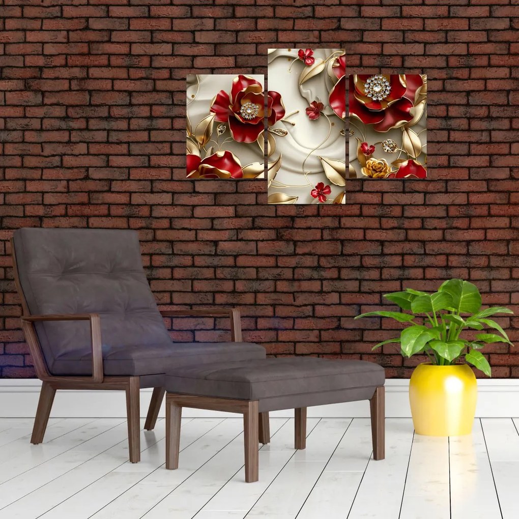 Kép - 3D piros-arany virágok (90x60 cm)