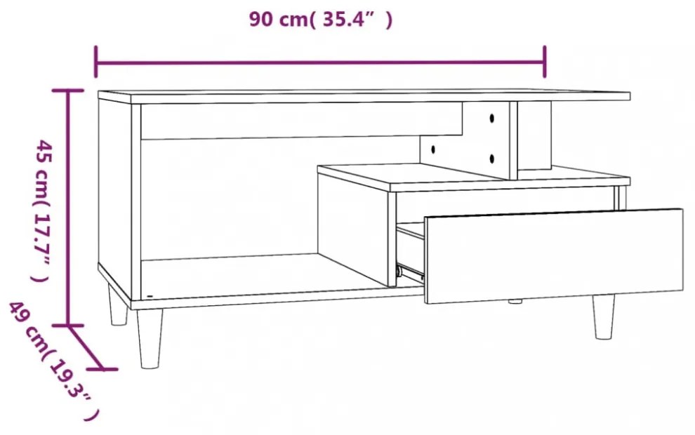 magasfényű fehér szerelt fa dohányzóasztal 90x49x45 cm