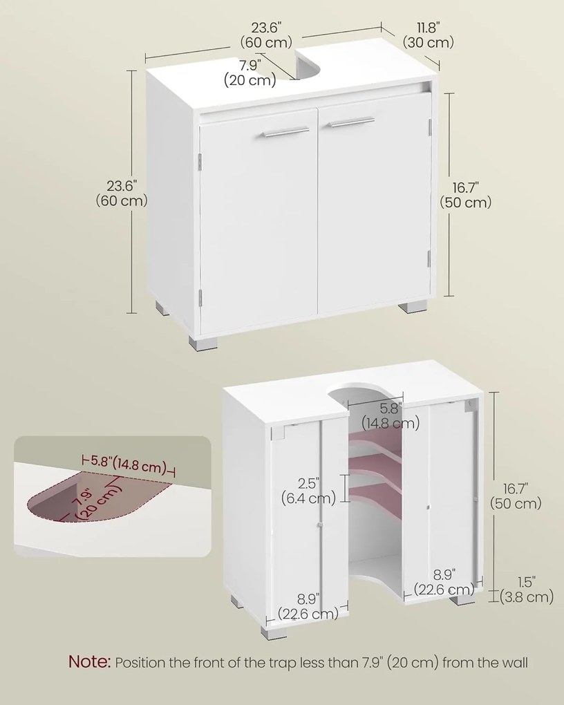 Mosdó alatti fürdőszobai szekrény, 30 x 60 x 60 cm, Felhőfehér