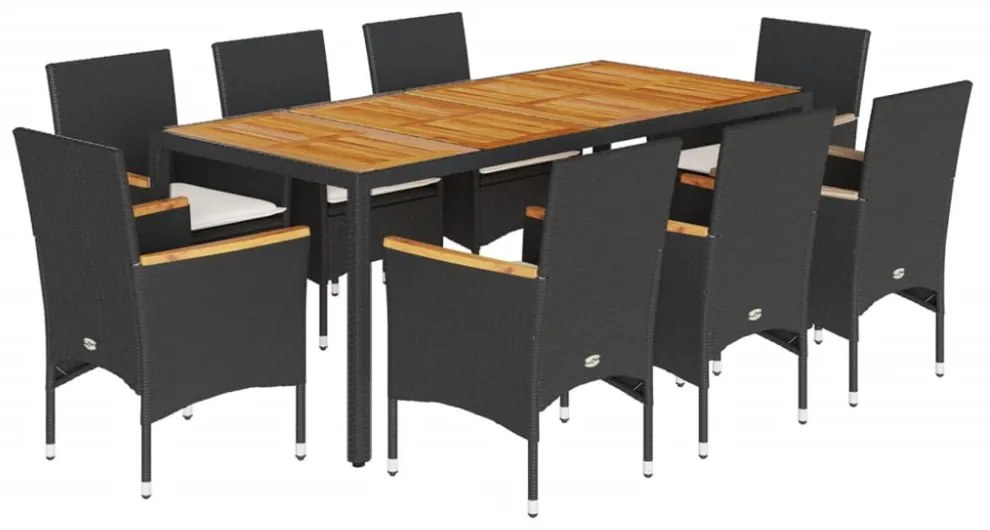 9részes fekete polyrattan/akácfa kerti étkezőgarnitúra párnákkal