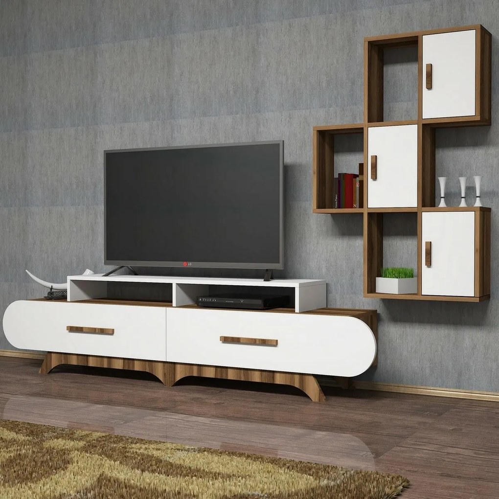 Flora S White and Walnut TV-szekrény szekrénnyel
