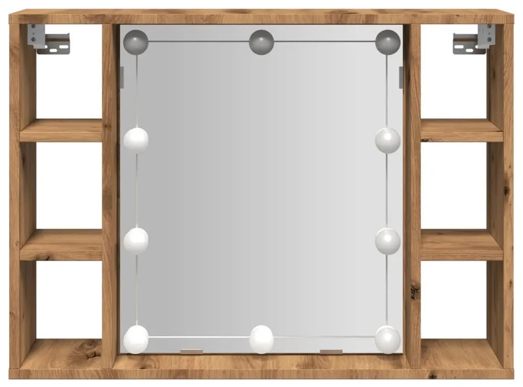 kézműves tölgy szerelt fa tükrös szekrény LED-ekkel 76x15x55 cm
