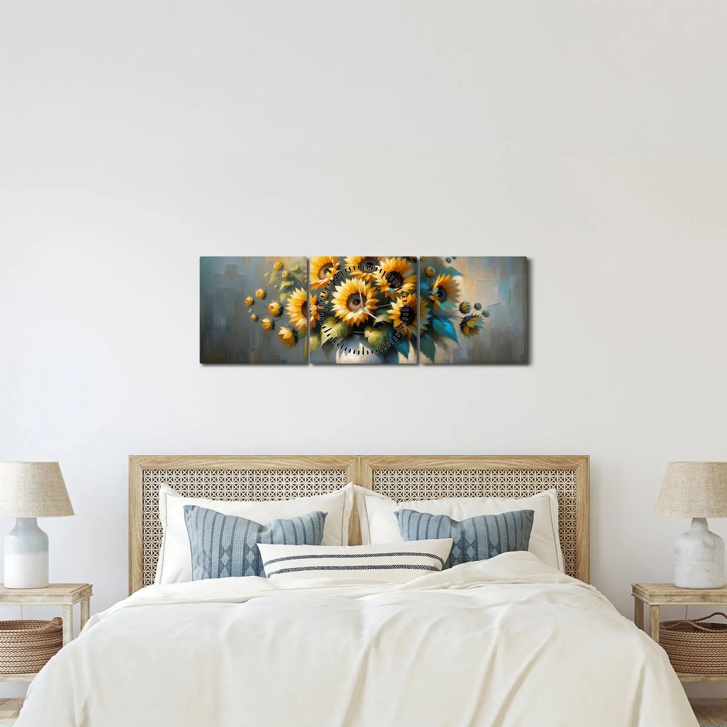 Kép – Napraforgós váza (órával) (90x30 cm)