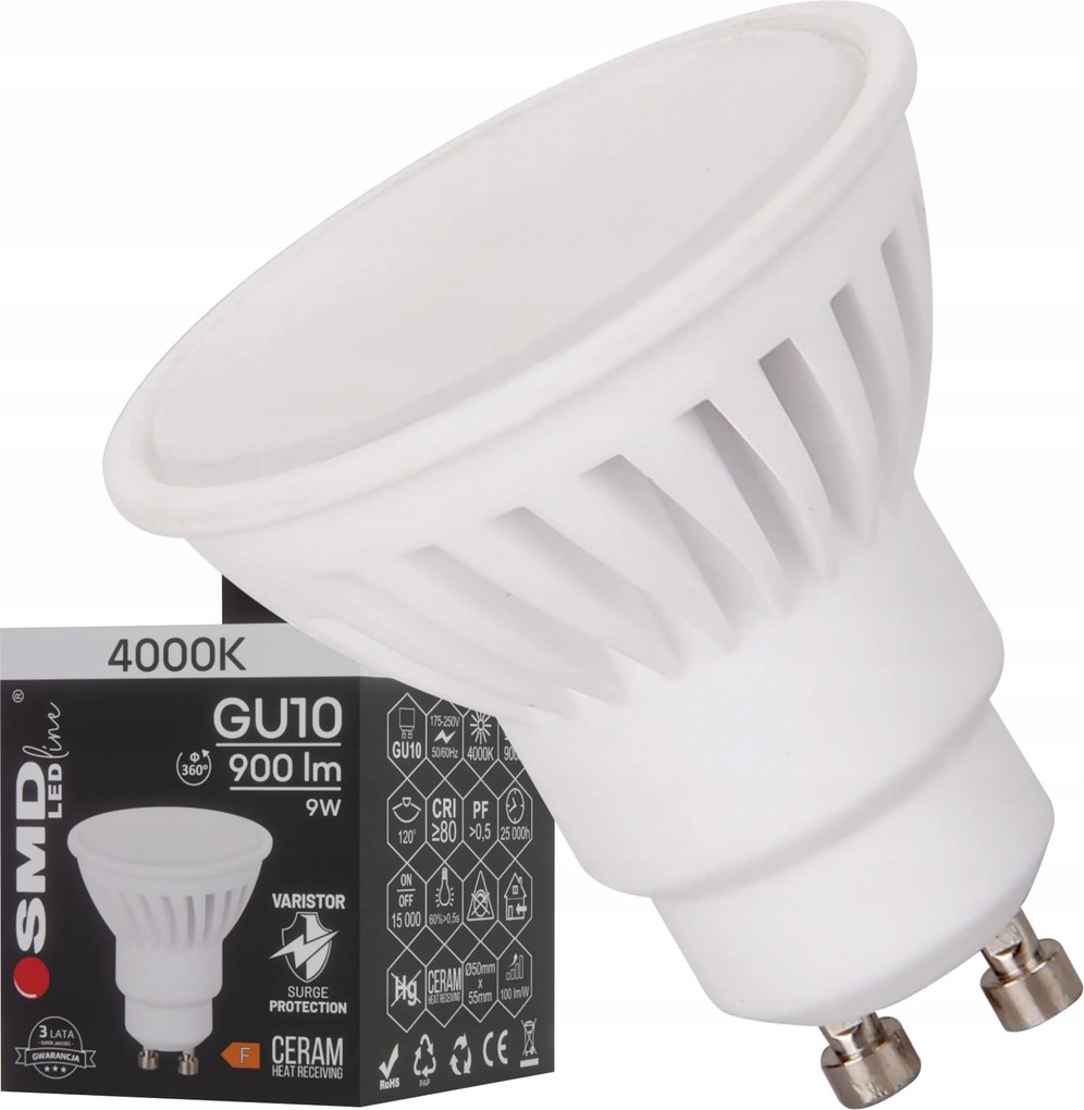 Izzó Smd LEDline 9W 900lm 4000K Semleges GU10 Kerámia Nem Villog