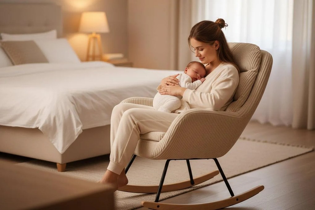 Hintaszék, relaxációs szék, szoptatós fotel kordbársony kárpitozással, krém-bézs színű