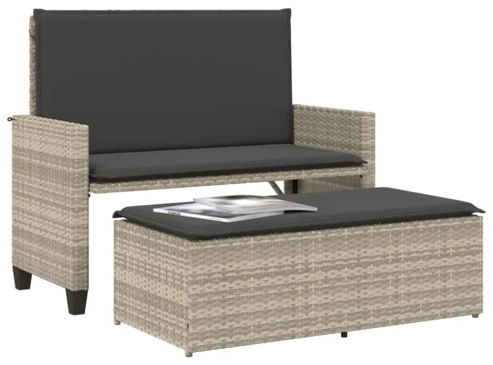 világosszürke polyrattan kerti pad párnákkal és lábtartóval