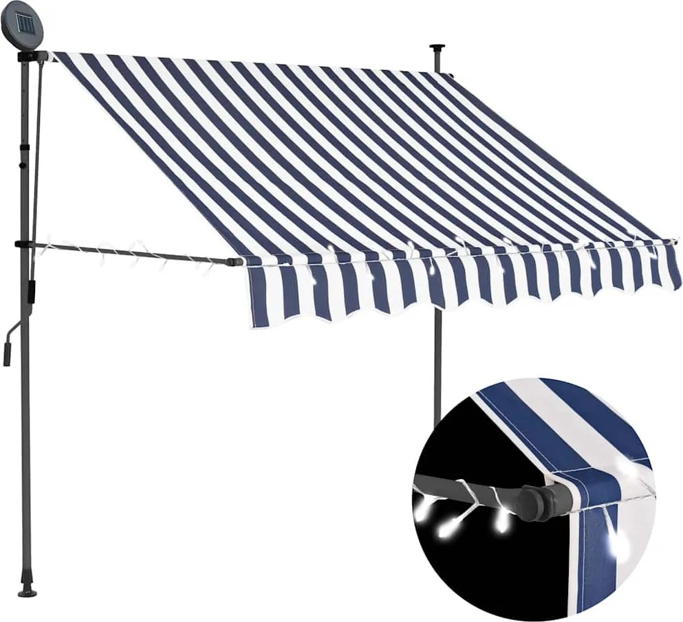 vidaXL kék és fehér kézzel kihúzható LED-es napellenző 150 cm