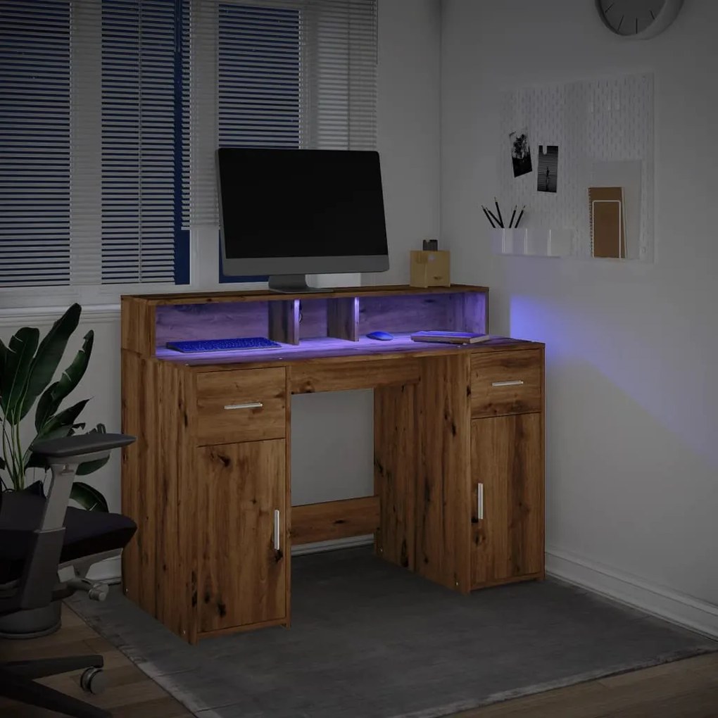 kézműves tölgy színű szerelt fa LED-es íróasztal 120x55x91 cm