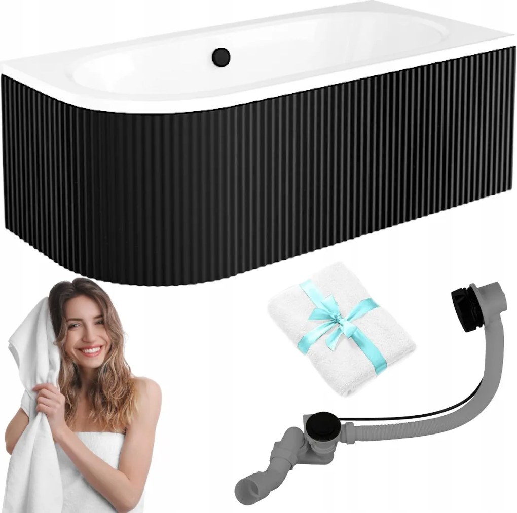 Téglalap alakú kád fekete bordázott burkolattal Besco Avita 160x75 jobbos szifon