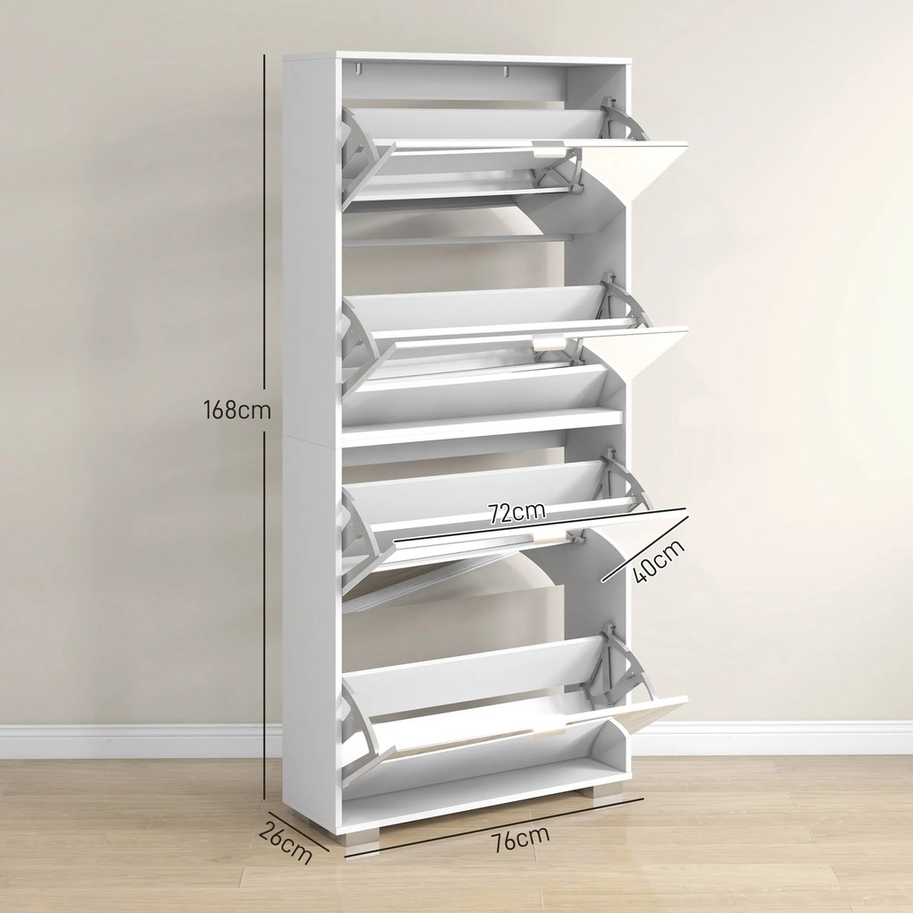 HOMCOM 2 az 1-ben Cipőszekrény Tükörfronttal, 4 Kihajtható Ajtóval, Állítható Polcokkal, Helytakarékos, 76L x 26W x 168H cm Fehér | Aosom