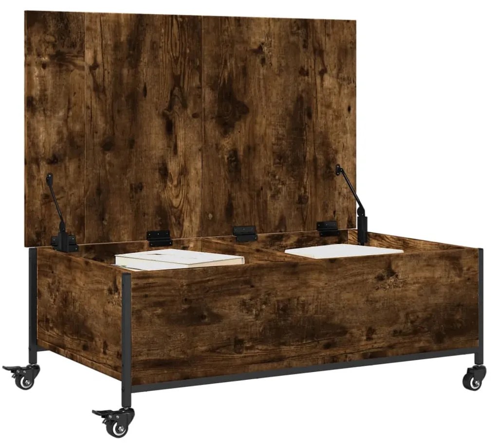 Füstös tölgy szerelt fa dohányzóasztal kerekekkel 91x55x34 cm