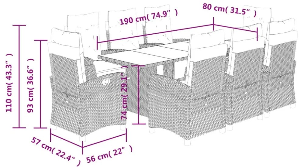 9-részes barna polyrattan kerti étkezőgarnitúra párnákkal