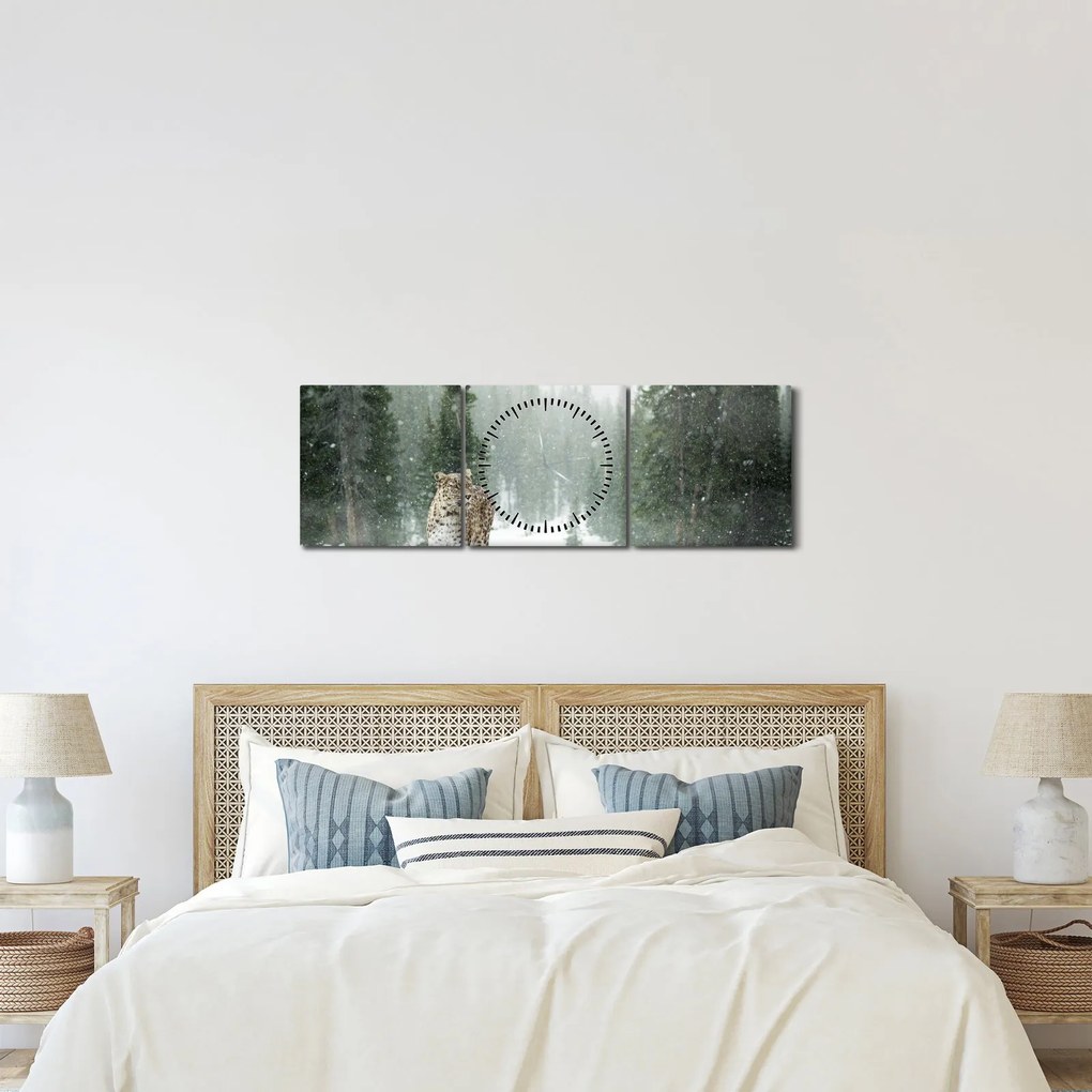 Leopárd a hóban képe (órával) (90x30 cm)