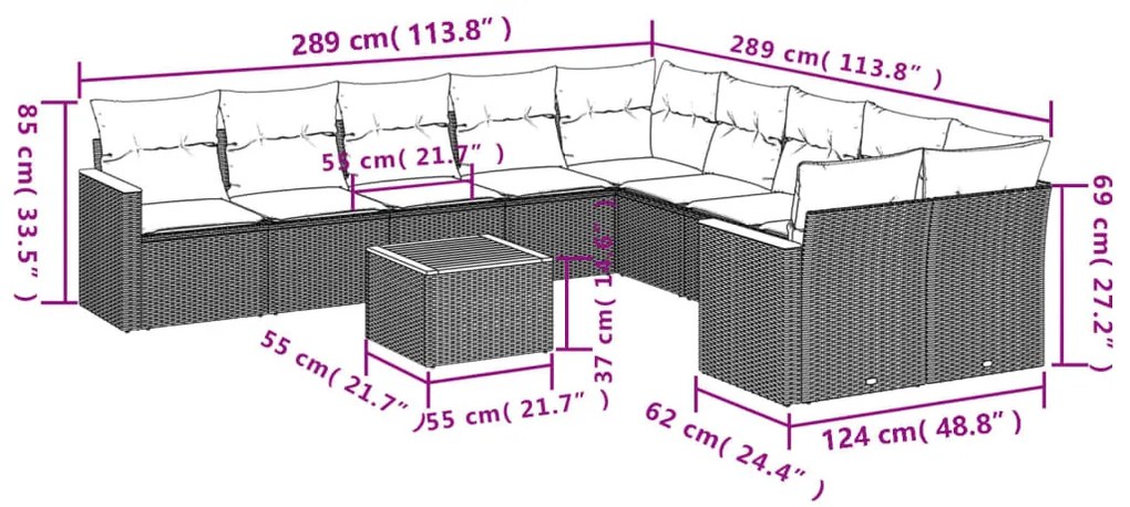 11 részes fekete polyrattan kerti ülőgarnitúra párnákkal