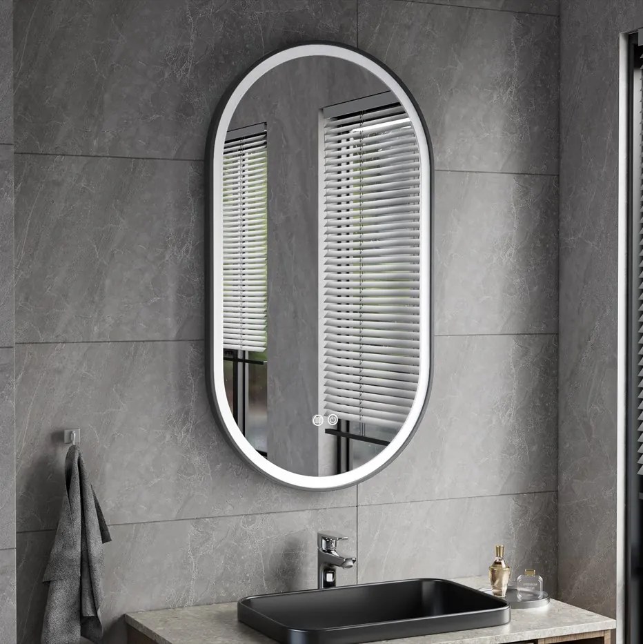 Erga Gwen, ovális LED tükör 50x90cm fekete fém keretben, 3 világos szín, elülső világítás, páramentes fűtőpárna, ERG-V01-GWEN-5090-BK