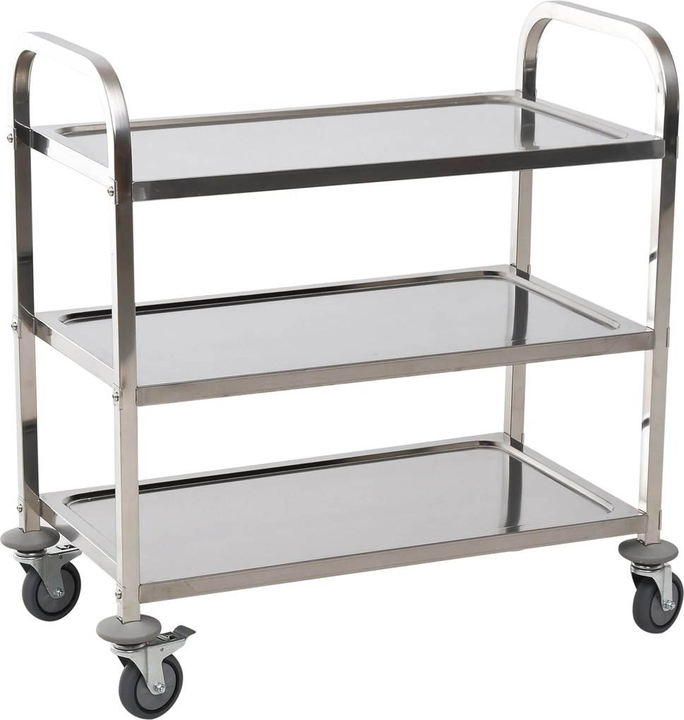 HOMCOM Rozsdamentes Acél Konyhai Kocsi Kerekekkel Trágyákkal és 2 Karos Megoldás Étkezőbe és Nappaliba 85x45x90 cm Ezüst | Aosom