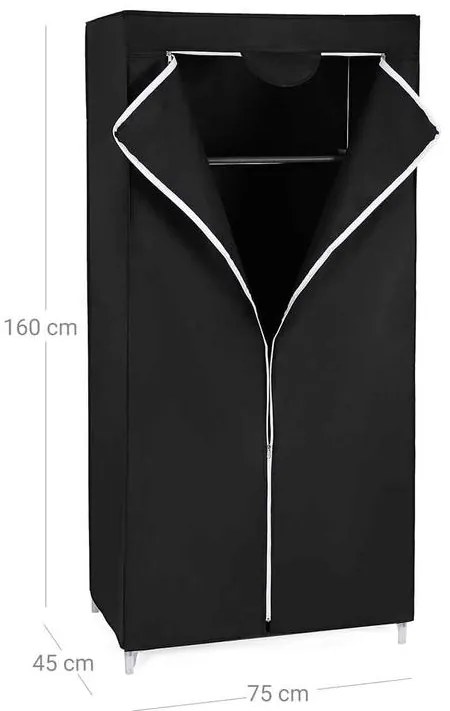 Összecsukható szövet ruhásszekrény, mobil gardrób, 75 x 45 x 160cm, fekete