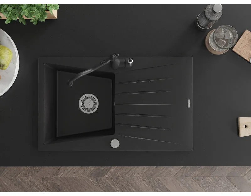 Mexen Cesar, 1 kamrás gránit mosogató 775x470x190 mm és mosogató csaptelep Carla, fekete, 6514-77-670700-70
