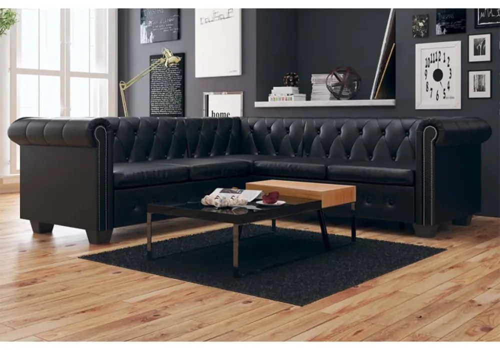 vidaXL 5 személyes fekete műbőr Chesterfield sarokkanapé