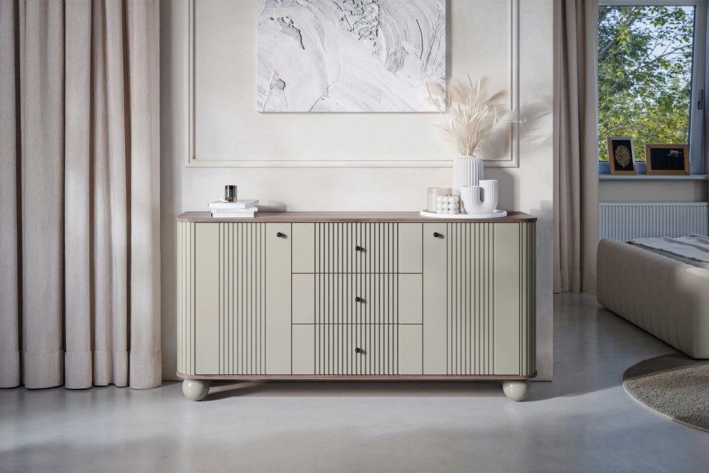 Vesper komód 160 cm fiókokkal gömb lábakon - kasmír / dió / fekete fogantyúk