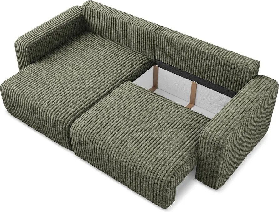 Zöld kordbársony kinyitható-tárolóhelyes sarokkanapé (bal oldali-heverő résszel) Kona – Makamii