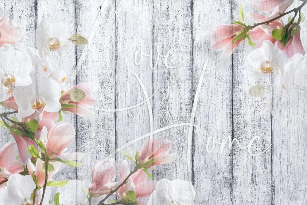 Tapéta vintage orchidea felirattal - Love begins at home