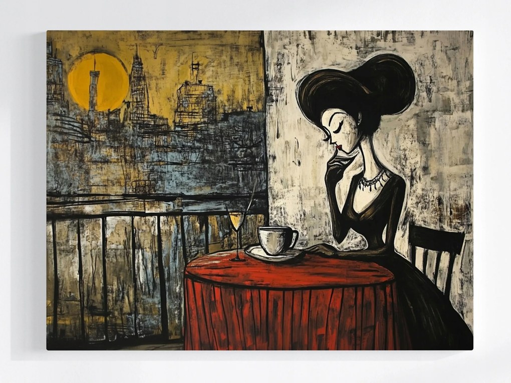 Poszter Város Erkély Terasz Nő Hölgy Kávé Bor 100x75