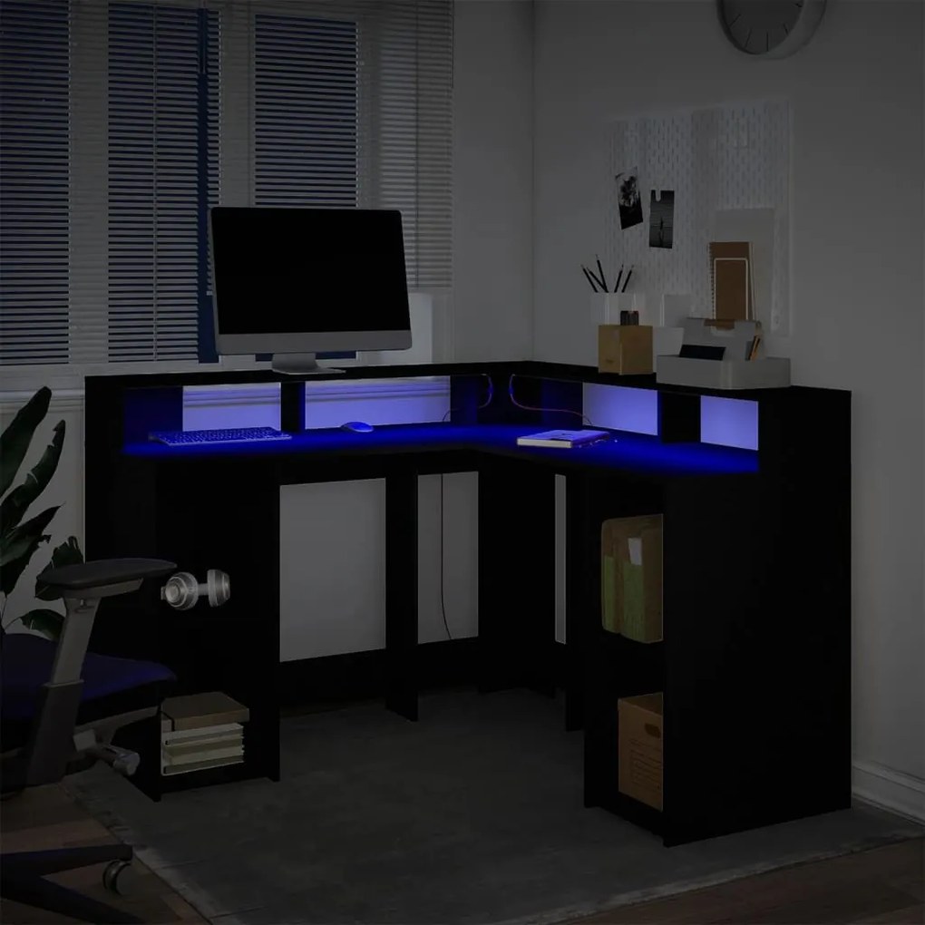 fekete szerelt fa íróasztal LED-világítással 130 x 130 x 91 cm