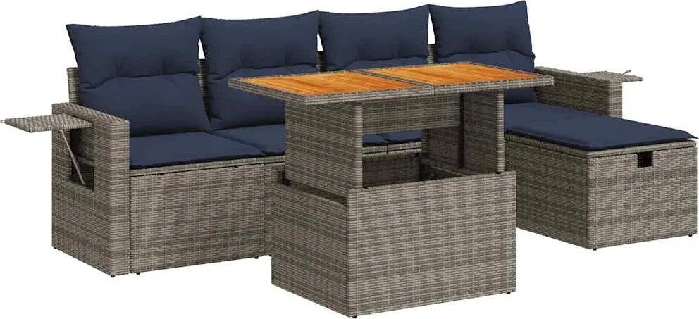 vidaXL 6 részes szürke polyrattan akácfa kerti ülőgarnitúra párnákkal