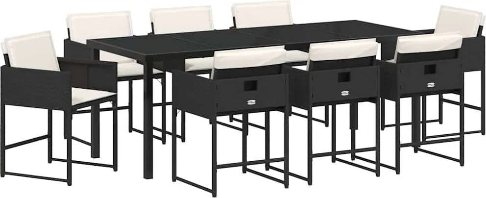 vidaXL Kert étkező szett párnával 9 pcs Fekete polirattan