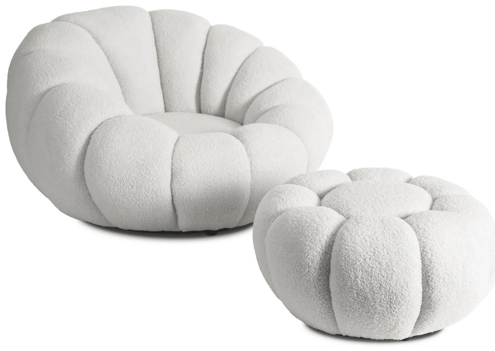 Designer Fotel Lábtartóval Krém Bouclé Szövettel. PETTIT